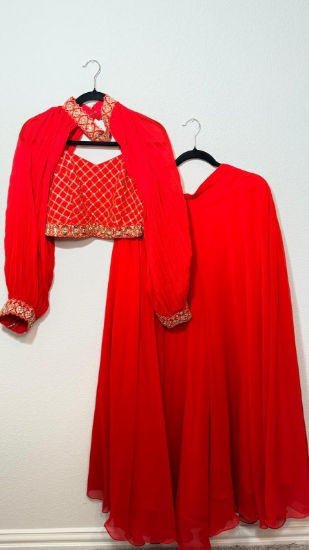 Picture of PL729 Indowestern red Cape style 3 piece set