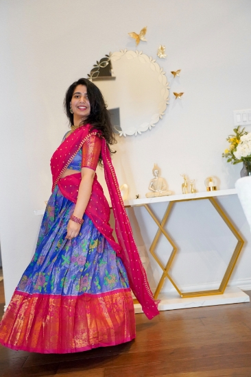 Picture of PL736 Mangalgiri tissue pattu lehenga with digital print allover and rich border.