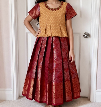 Picture of Yellow and red pattu langa 4-6Y