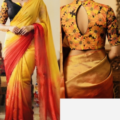 Picture of Pure Desi Tussar saree with hand painted floral blouse 