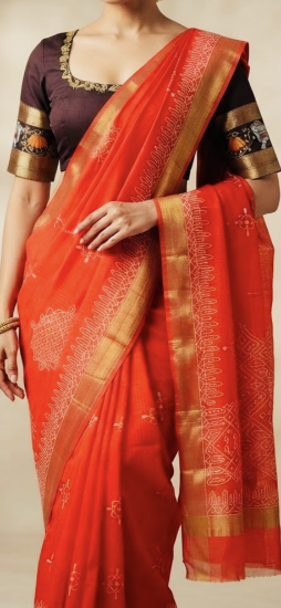 Picture of Real Tanjavur painted blouse with kolam print muslin saree 