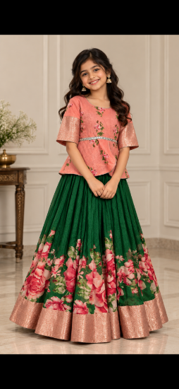 Picture of Green floral Lehanga with peach blouse
