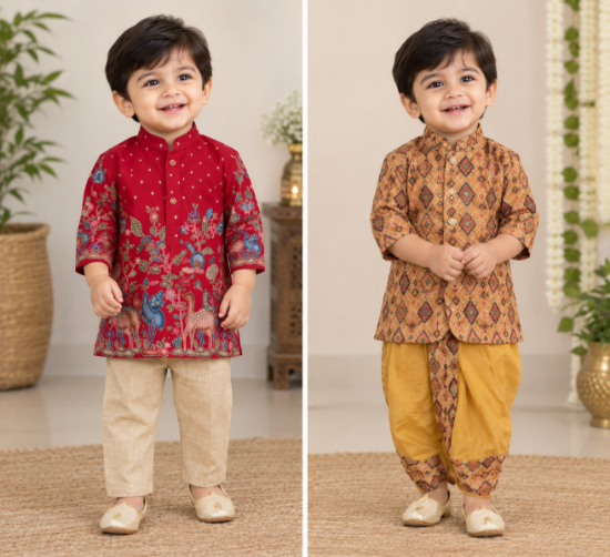 Picture of Pure chinon kalamkari kurta set and Patola print pancha set 1Y