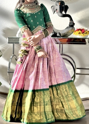 Picture of Lilac and green kanchi pattu lehanga with heavy maggam work 6-8Y