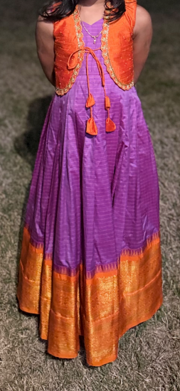 Picture of Premium Gadwal long frock with pure raw silk maggam work over coat