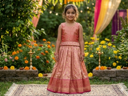 Picture of  high quality peach soft silk Lehanga 8-9Y