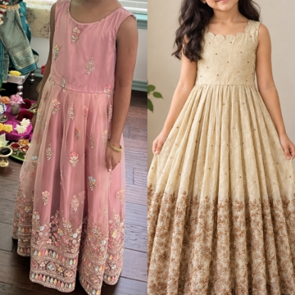 Picture of ! COMBO DEAL ! Half white pure chinon embroidered long frock and pink embroidered net long frock for Size 5-6Y